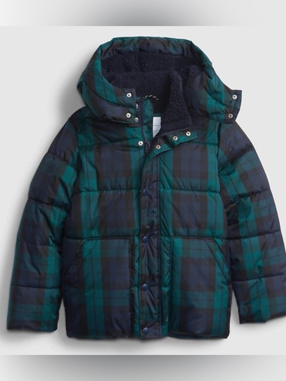 GAP Hooded Puffer Jacket in Green & Navy Plaid